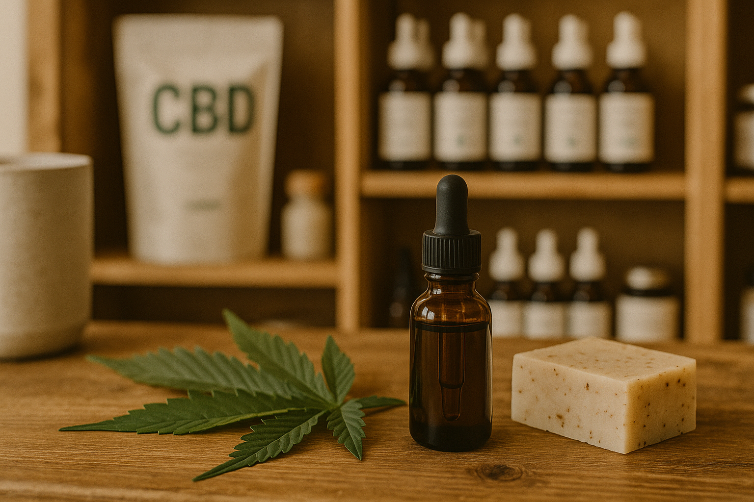 Amber glass dropper bottle with CBD oil, natural soap bar, and hemp leaf on wooden counter in a wellness store